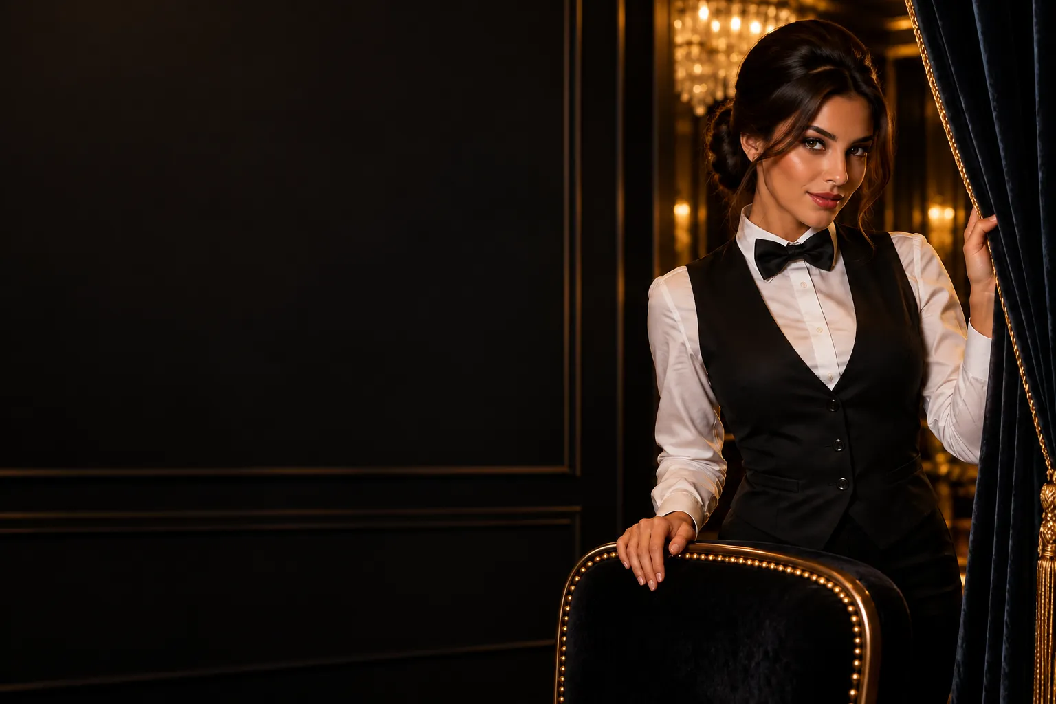 Croupier drawing back a velvet curtain in a private VIP room