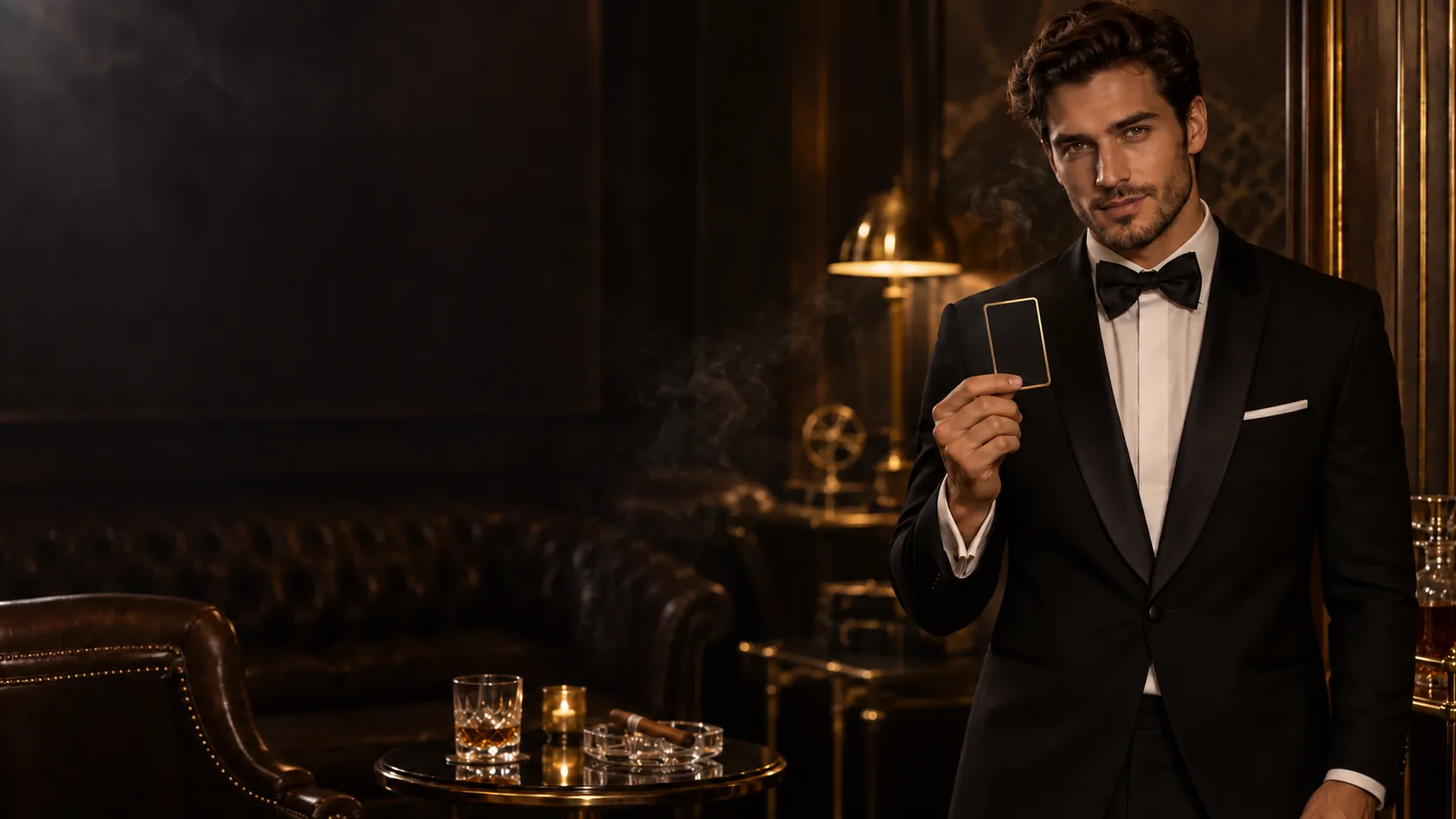 Man in a tuxedo holding a gold-edged hotel key card in a dark wood and brass cigar lounge