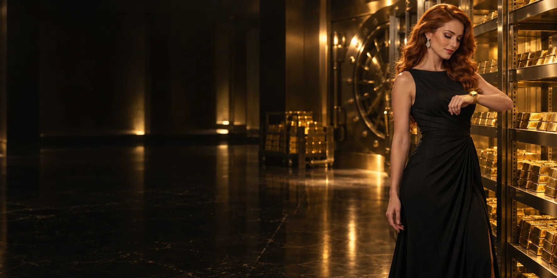 Woman in a gold vault checking a glowing smartwatch, standing in for quick mobile account access