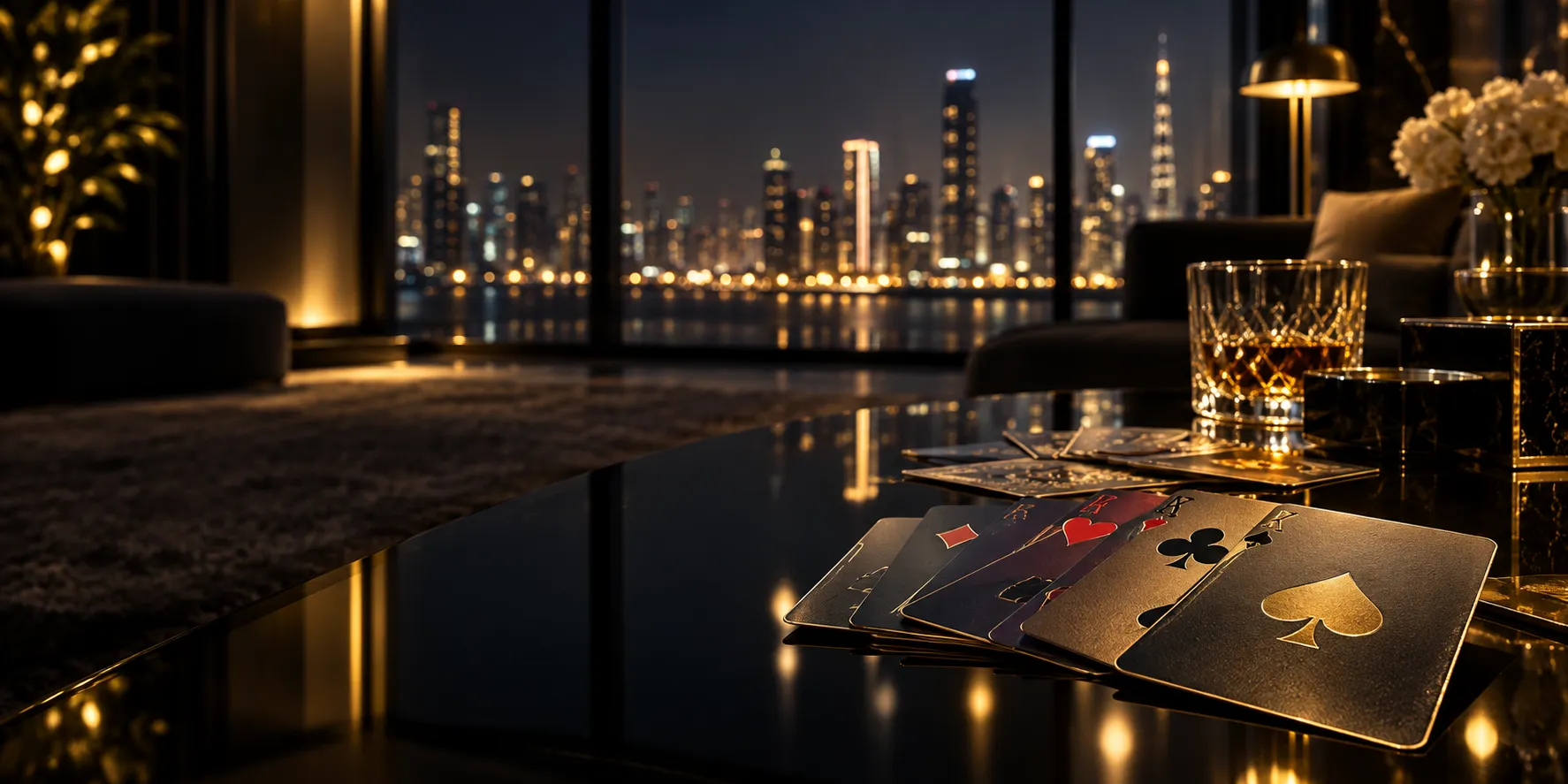 Fanned playing cards on a glass table above a city skyline
