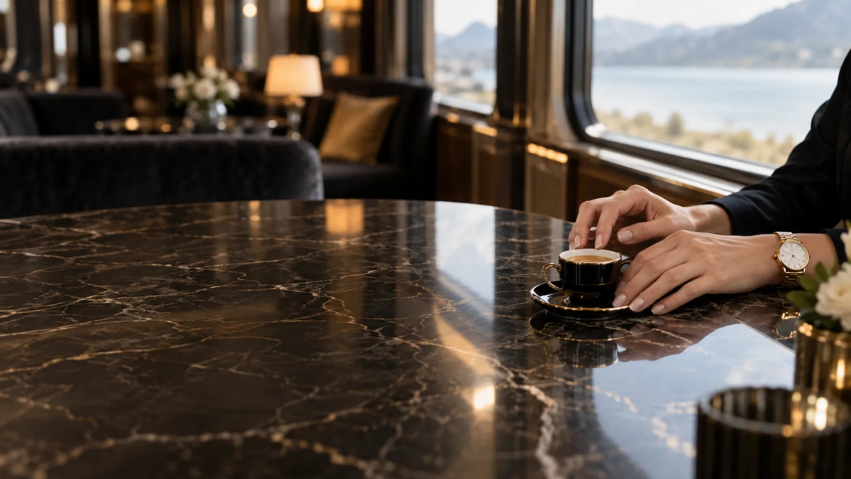 Hands resting beside an espresso cup in a calm train lounge car