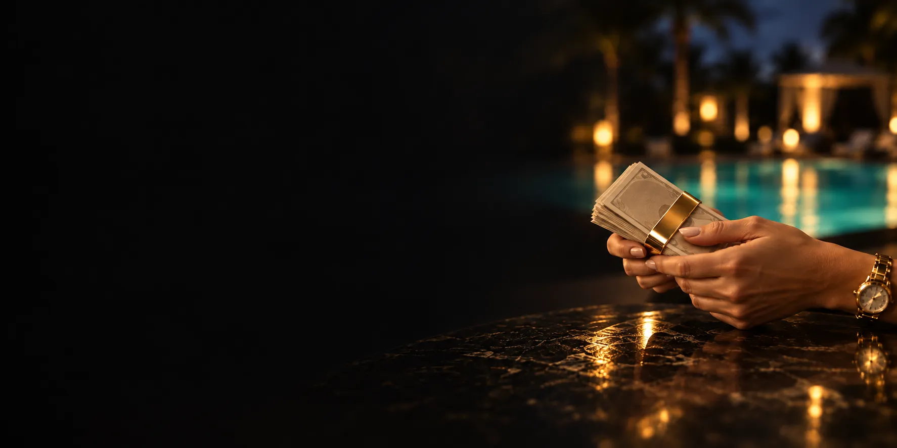 Hands holding a gold-clipped stack of banknotes beside a resort pool, standing in for a Here2Win Casino payout