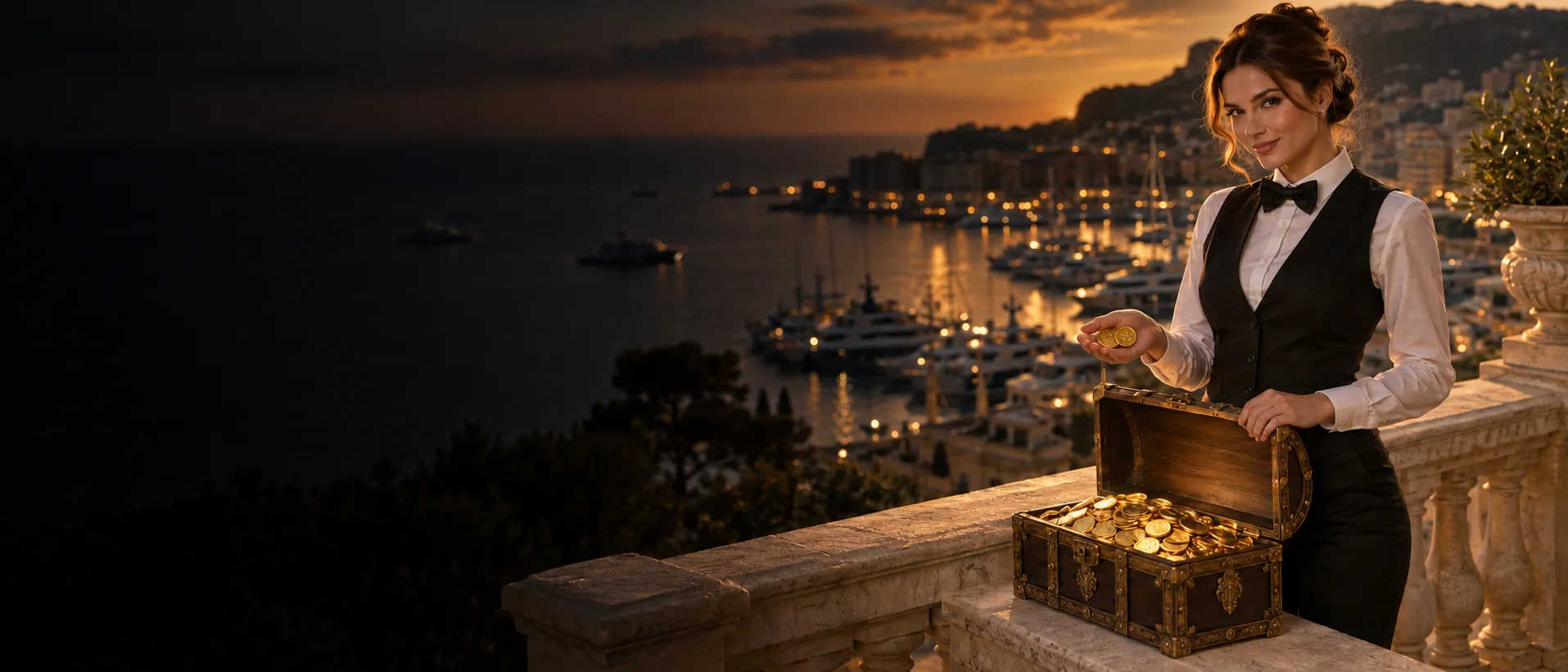 Croupier beside an open treasure chest of gold coins, representing the Here2Win Casino bonus calendar