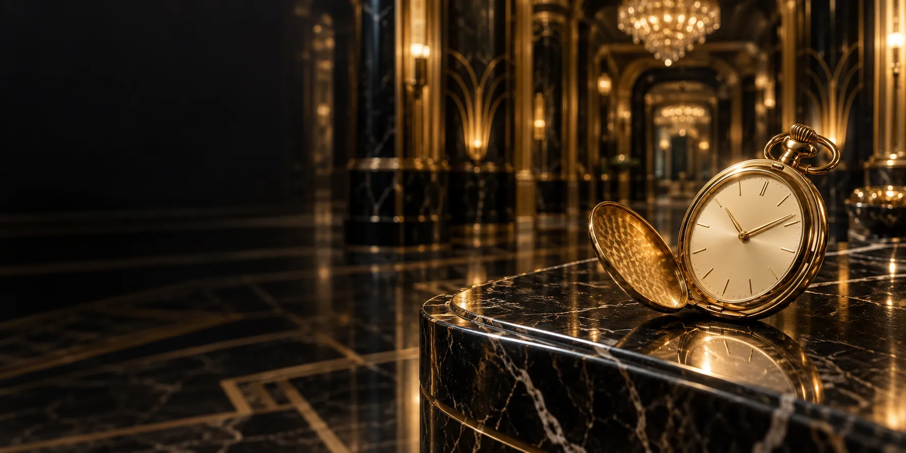 Open gold pocket watch on a marble ledge in an art-deco casino foyer