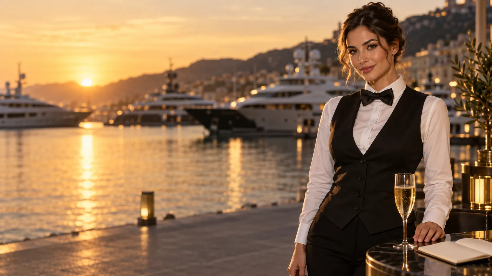 Croupier beside a champagne glass and open notebook at a yacht marina, the review desk for this Here2Win Casino write-up