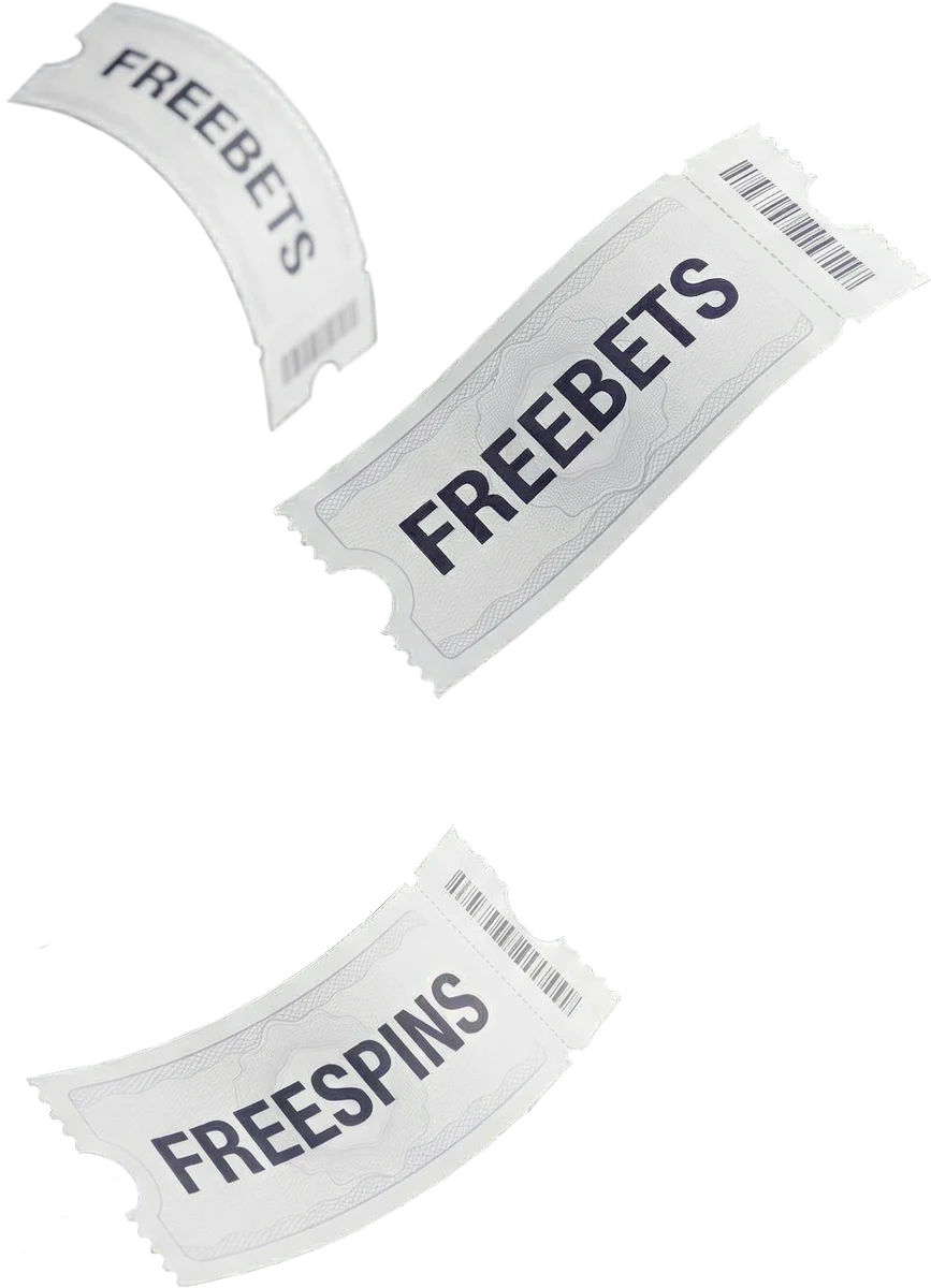 Paper free bet and free spin tickets scattered like a weekly reward calendar