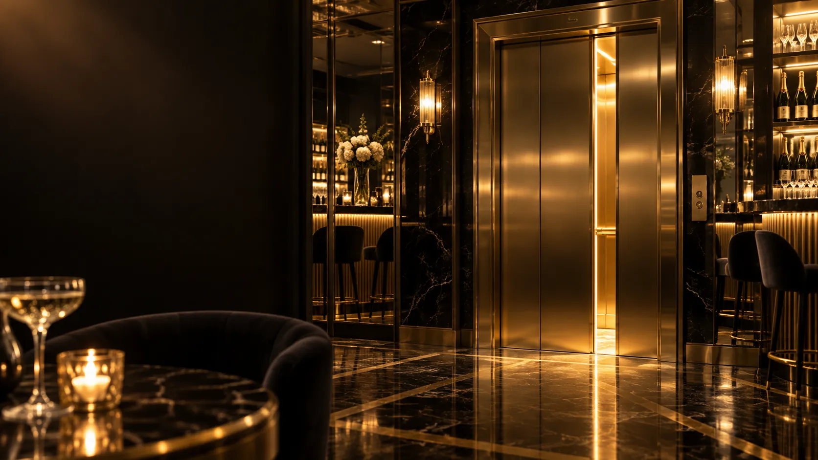 A private elevator door glowing softly in a mirrored champagne bar, standing in for members-only access at Here2Win Casino