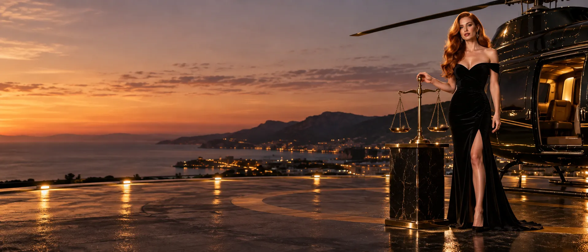 Woman balancing brass scales on a dusk helipad