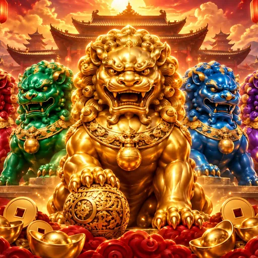 5 Lucky Lions cover art with golden lion statues in an East Asian setting