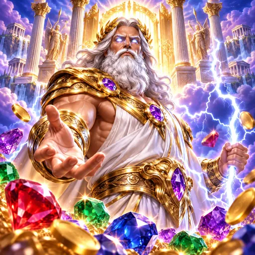 Gates of Olympus cover art with Greek gods amid lightning and gems