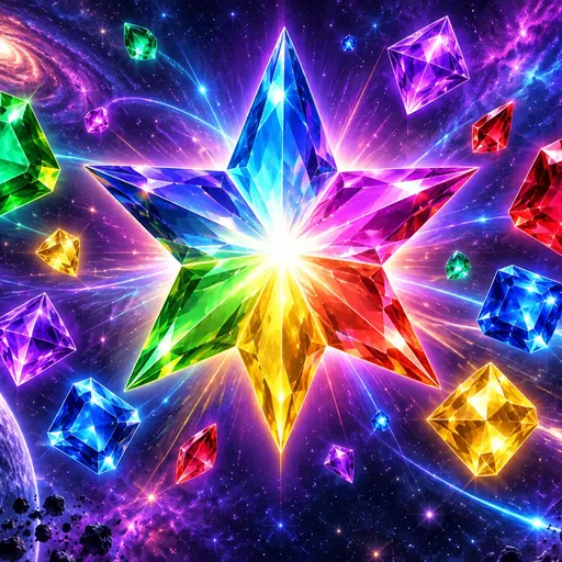 Starburst cover art showing neon gems glowing against a starry backdrop